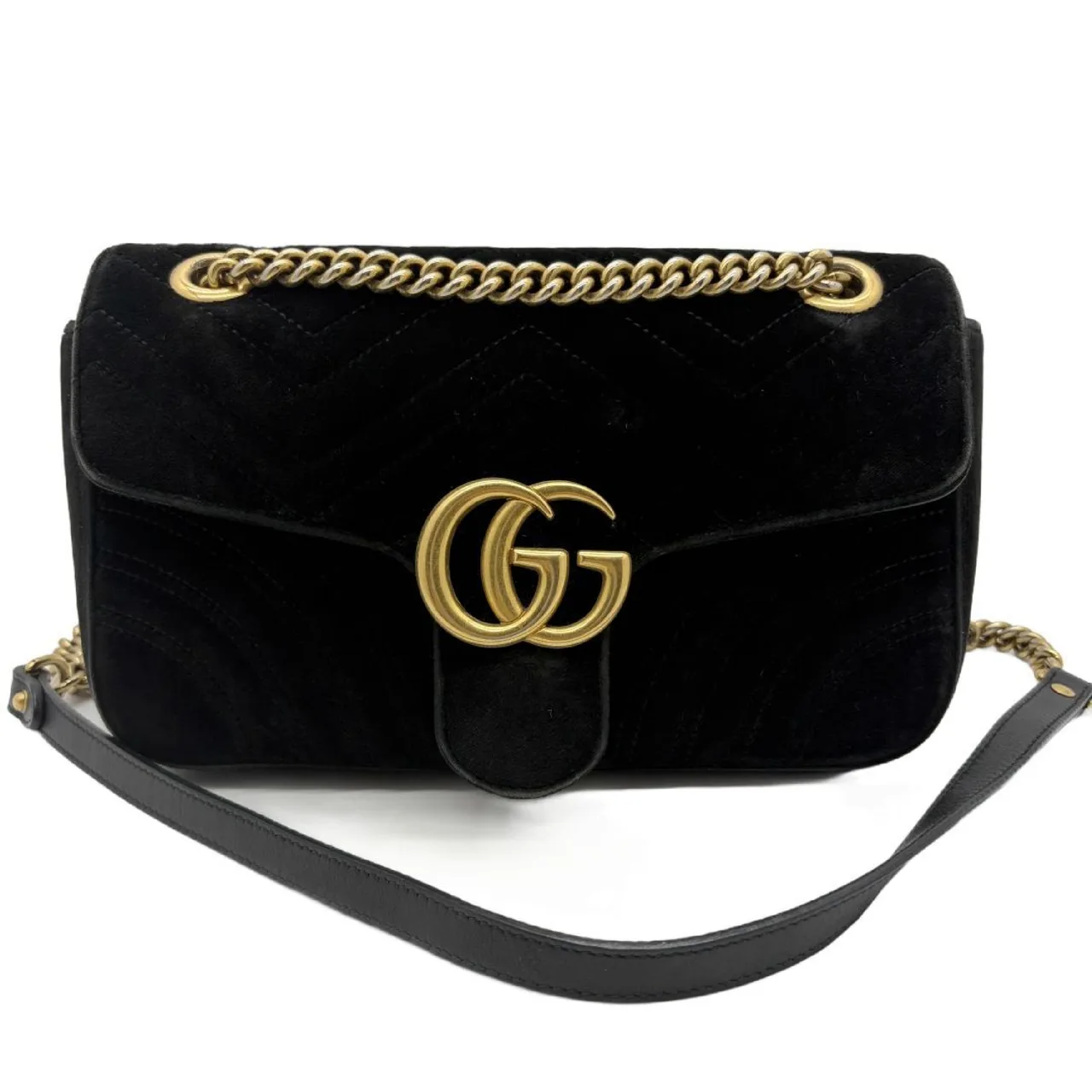 GUCCI GG Marmont Matelassé 天鹅绒链肩包 黑色双G肩包