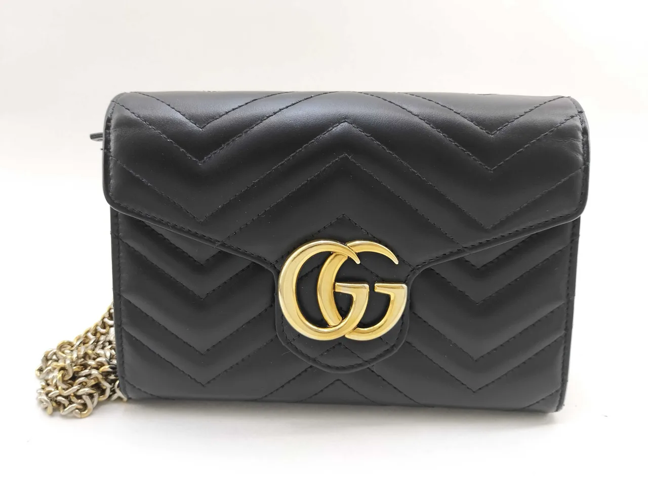 GUCCI GG Marmont 皮革链条单肩包 黑色序列号手拿包