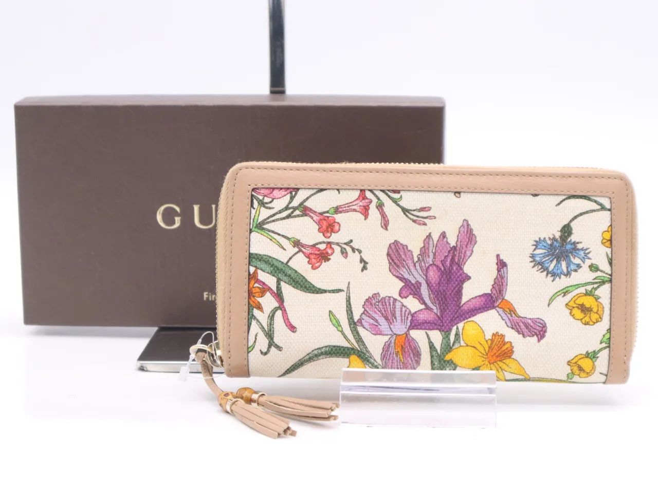 GUCCI 356708帆布/皮革/竹子 50周年 Flora 竹 流苏圆拉链 长款米色多色钱包 带盒装钱包