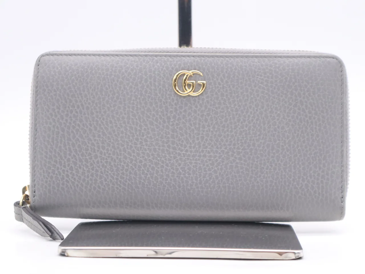 GUCCI 456117皮革双G拉链钱包灰色GD硬件钱包
