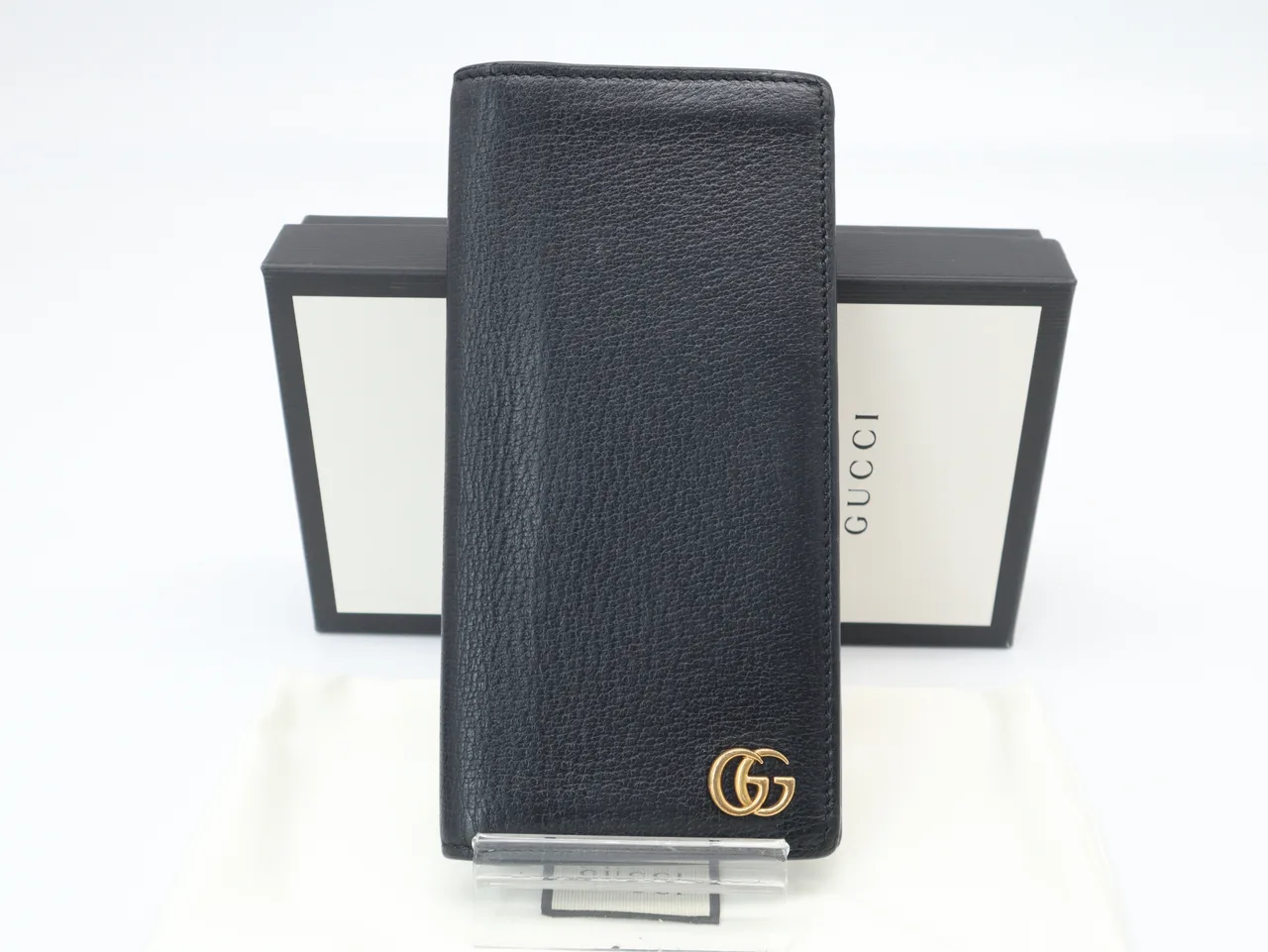 GUCCI 459133GG Marmont 黑色皮革长钱包，带盒装和防尘袋。