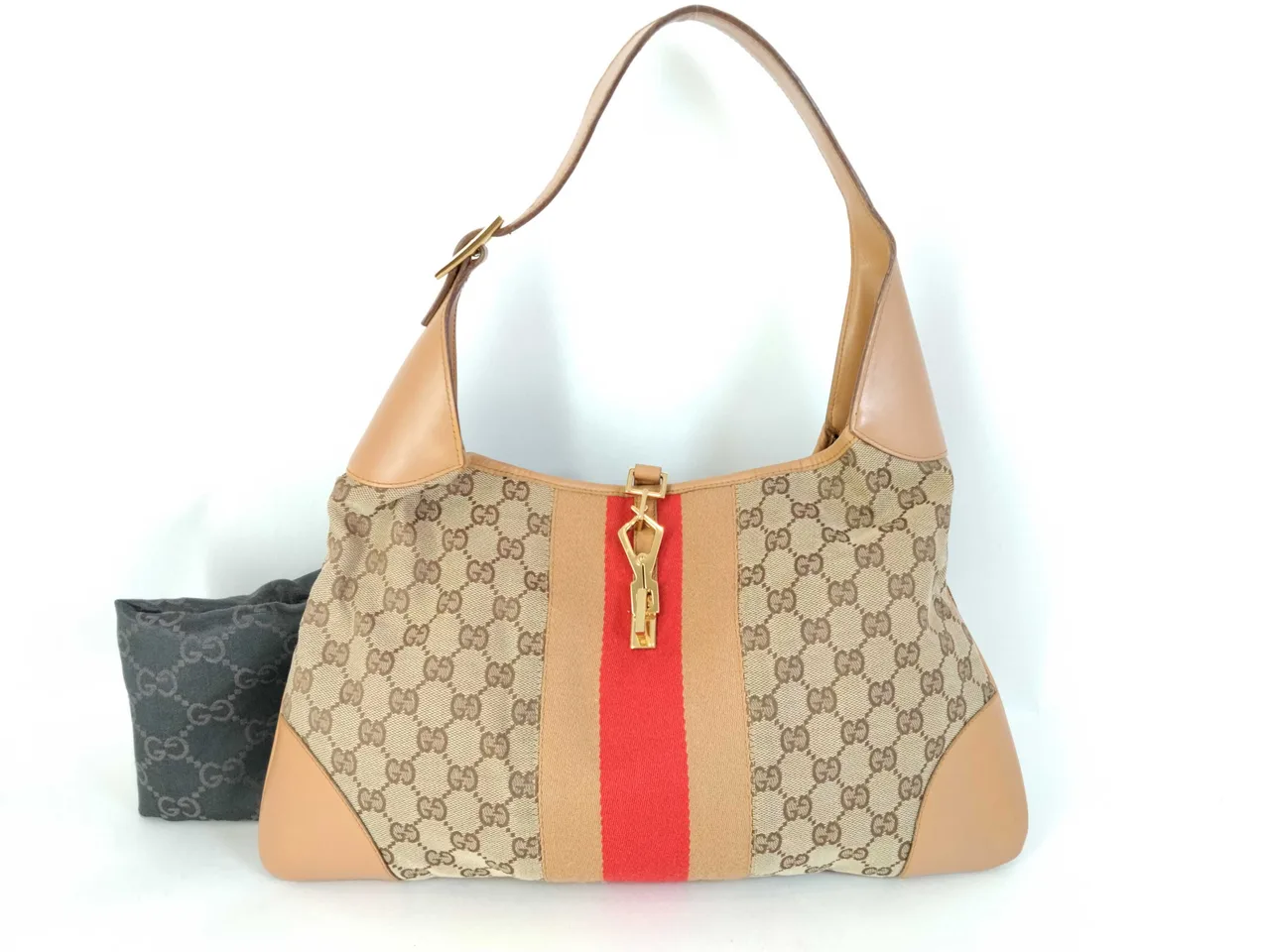 GUCCI GG 帆布 GG 帆布 Jackie 单肩包 001.4075 米色/棕色 W39厘米 内层剥落和起皱肩包