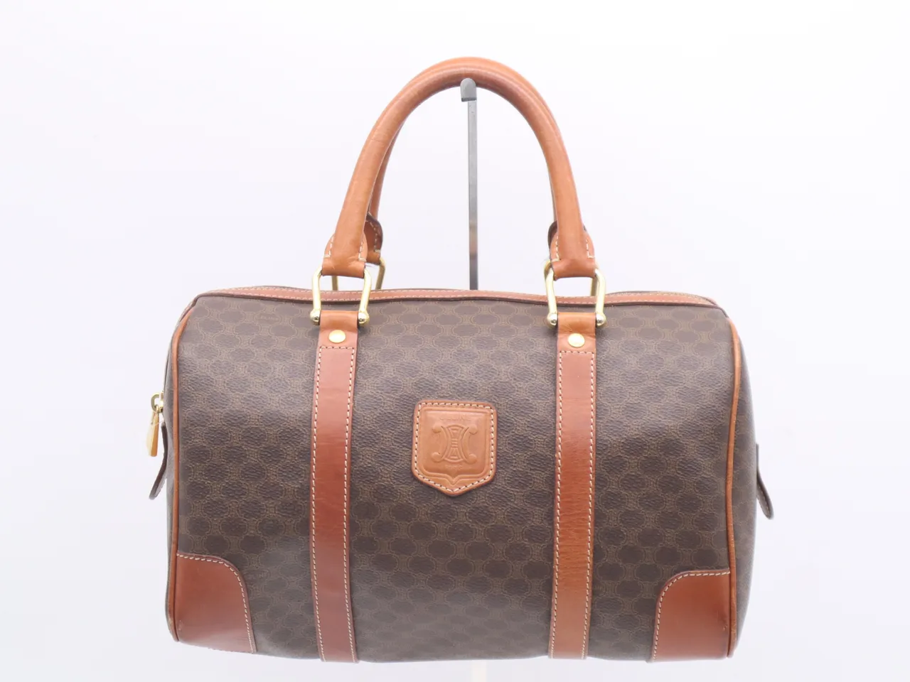 CELINE PVC x 皮革碎石纹迷你波士顿包 GD 五金棕色波士顿包