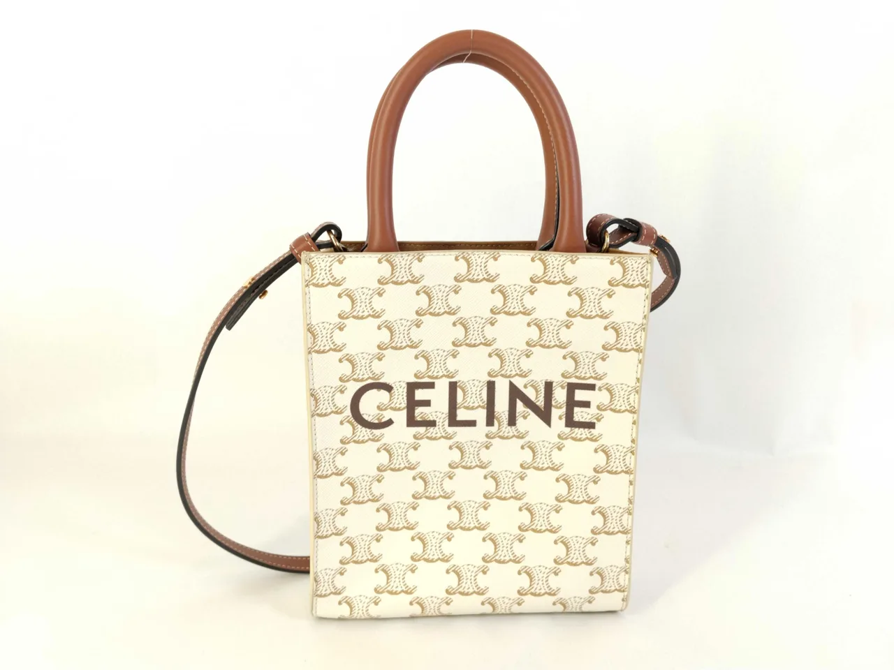 CELINE Triomphe 迷你竖式包 PVC x 皮革双向手提包 白色 x 棕色手提包