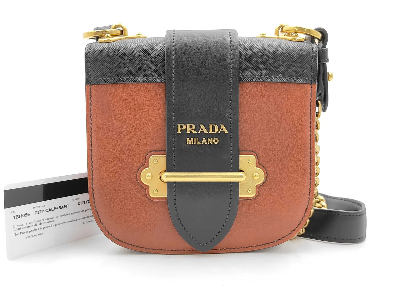 PRADA Cahie 皮革橙黑色链条单肩包