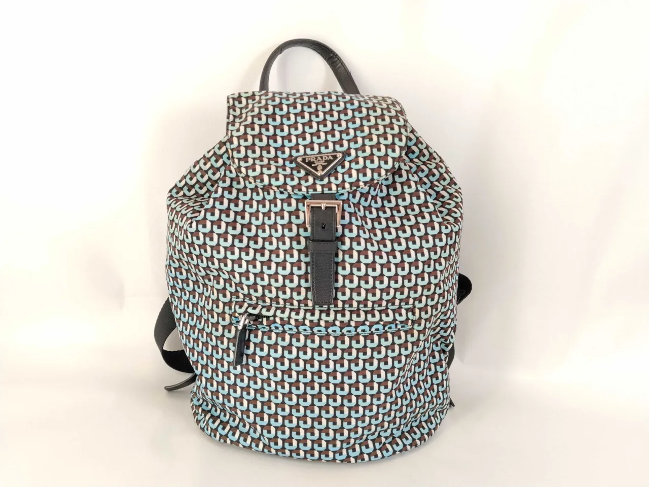 PRADA 尼龙 PRADA 三角标志 尼龙全套图案背包 BZ0032 棕蓝 W27cm 背包