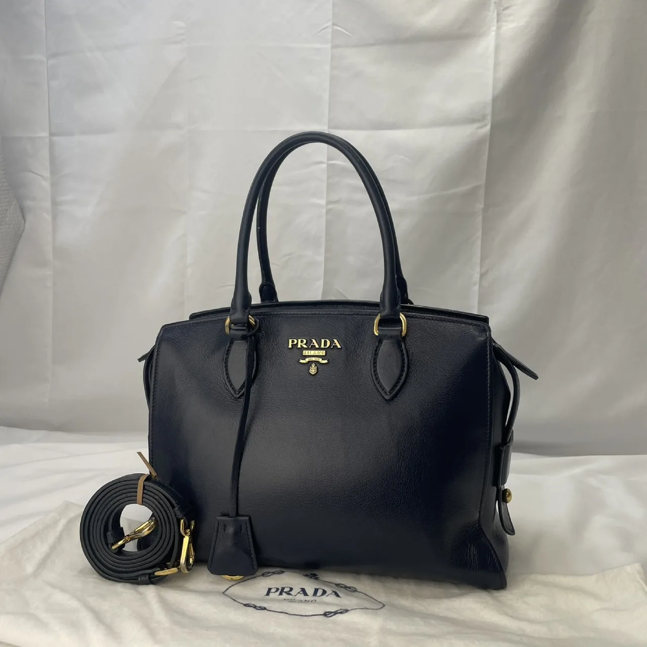 PRADA Prada 双向手提包 海军蓝 1BA164 GLACE CALF 印章 riri 肩包