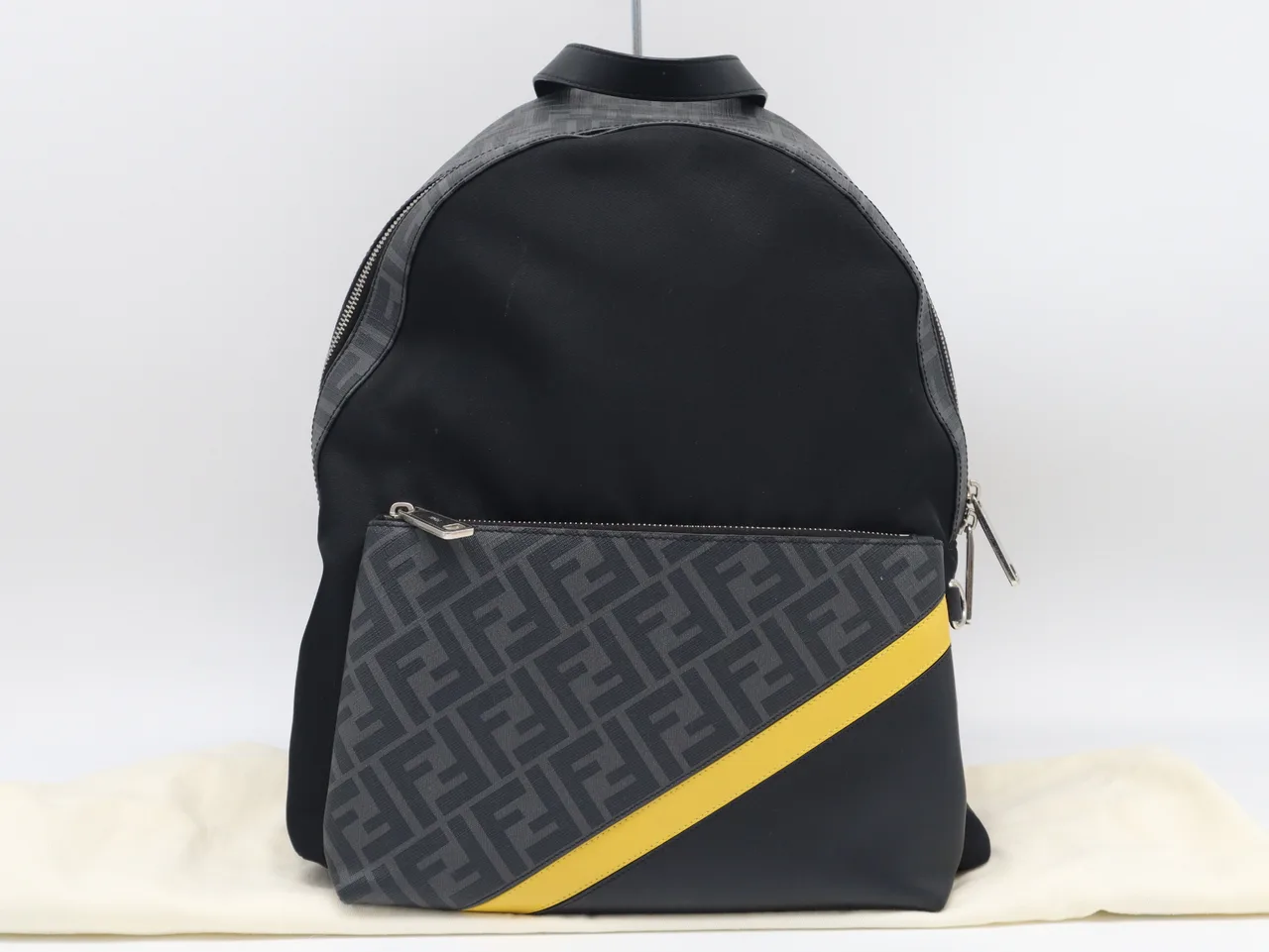 FENDI 7VZ042 尼龙 x 帆布 x 皮革 斜纹 黑灰黄带防尘袋