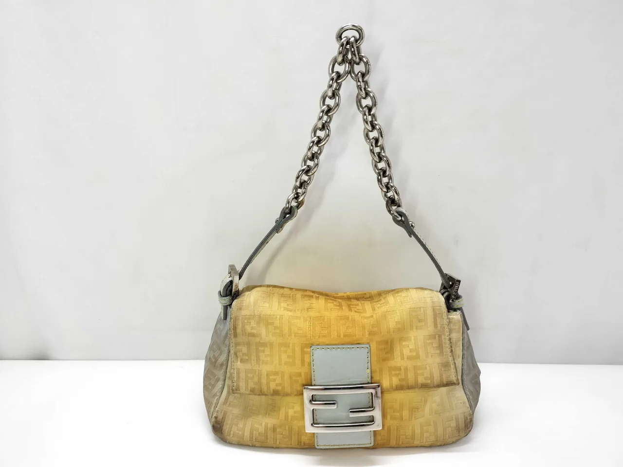 FENDI Zucchino 图案 SG-Fendi Zucchino Mini 妈妈法包 PVC & 皮革单肩包 黄色 x 蓝色单肩包